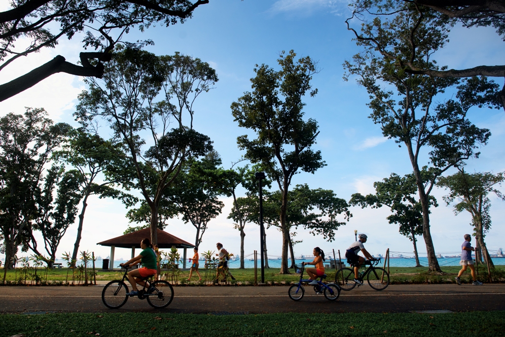 People cycling and walking at East Coast Park
